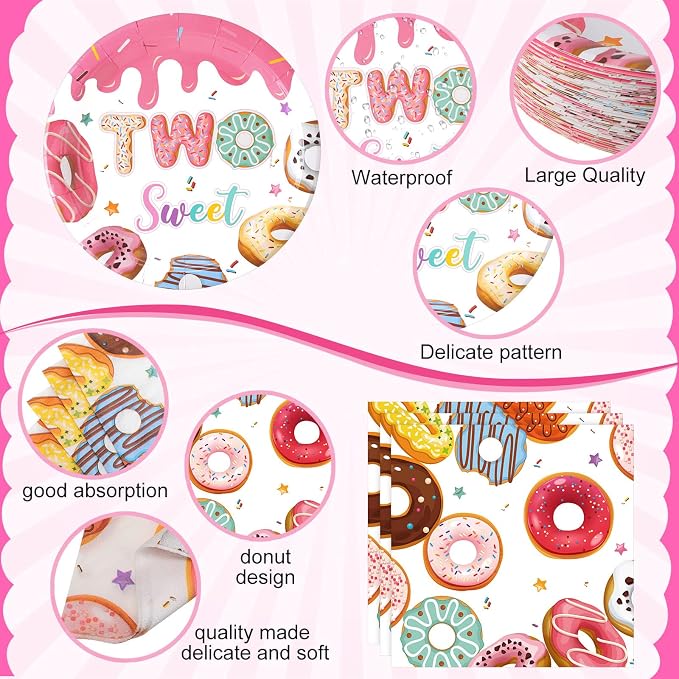 Funnymoom 452 Pcs Donut Two Sweet Birthday Decorations Girls for 50 Guests, Pink Donut Themed Paper Plates Cups Napkins Tablecloth Cutlery Straws for Girl 2nd Birthday Party Supplies