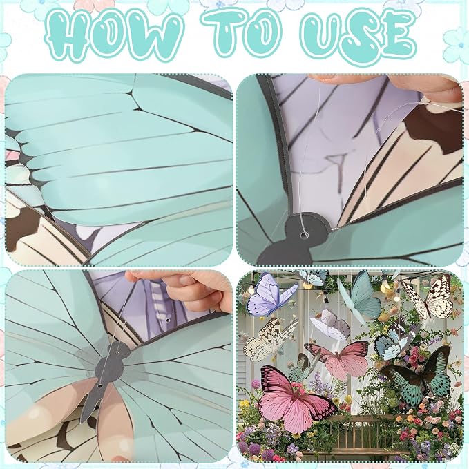 18 Pcs Large Butterfly Party Decorations 3D Paper Butterfly Hanging Decoration 2 Sizes Vibrant Paper Butterflies Birthday Party Supplies for Wedding Spring Baby Shower Room Ceiling Decor