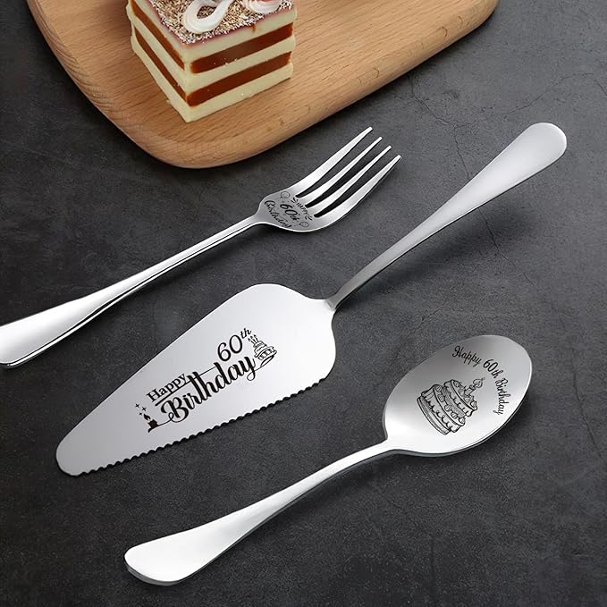 Happy 60th Birthday Personalized Laser-Engraved Stainless Steel Birthday Party Utensil Set - Cake Server, Spoon, and Fork for Mother Father Husband Wife Grandmother Grandfather