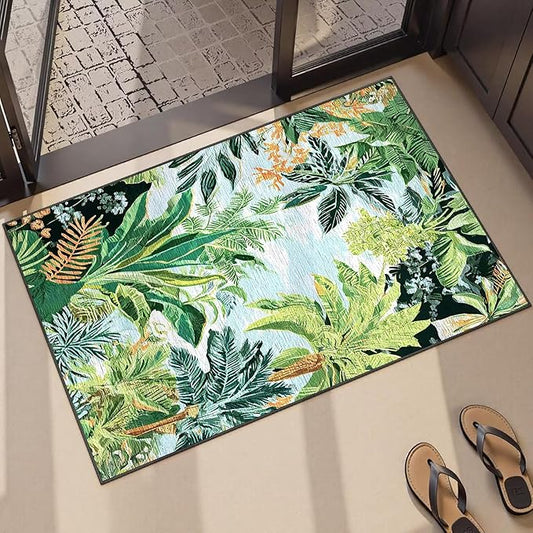 Summer Jungle Rug 2' x 3' Tropical Leaf Area Rugs Green Forest Doormat Plant Carpet Floor Mat for Kids Boys Girls Entryway Bedroom Living Room Nursery