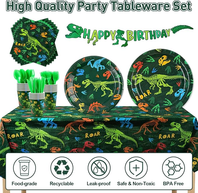 352pcs Dinosaur Birthday Party Decorations For Boys, Dinosaur Themes Birthday Party Supplies Serve 50 with Disposable Plates,Napkins,Cups,Cutlery Set, ,Tablecloth