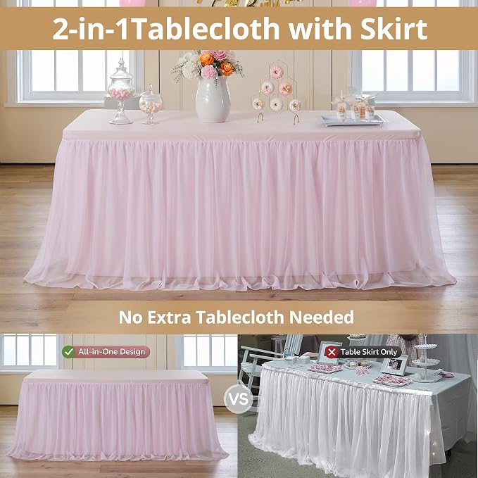 leegleri 2 pk 8ft Light Pink Tulle Tablecloth for Rectangle Tables, 2-in-1 Table Covers with Tulle Skirt,Wrinkle Free Stretchy Ruffle Tulle Table Cloths Fitted for Wedding Party Banquet Vendor