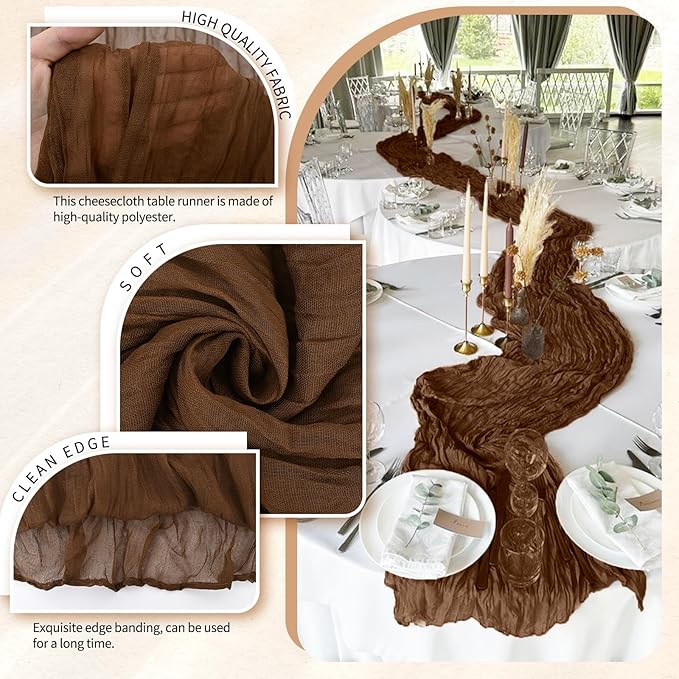 10 Pack Brown Cheesecloth Table Runner 10FT Boho Gauze Cheese Cloth Table Runners Romantic Rustic Sheer Table Decorations for Wedding Party Baby Shower Birthday Holiday Home