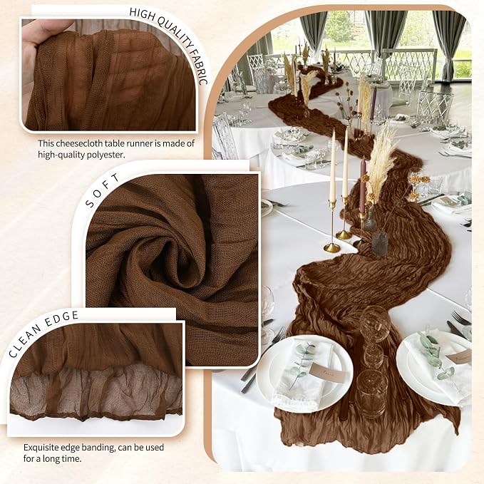 Showgeous Cheesecloth Table Runner 10FT Brown Table Runner Boho Gauze Cheese Cloth Table Runners Long Rustic Sheer Table Decorations for Wedding Party Baby Bridal Shower Birthday Holiday Home