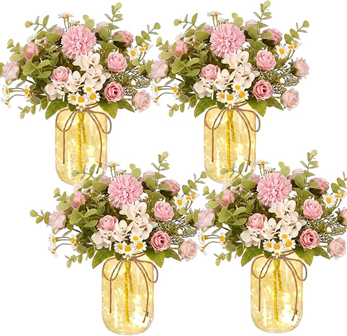 4 Sets Mason Jar with Lights Pink Rose Chamomile, Decorative Pink Centerpieces for Tables Mason Jars Flowers Decorations LED Farmhouse Vase for Home Wedding Event Party Decor