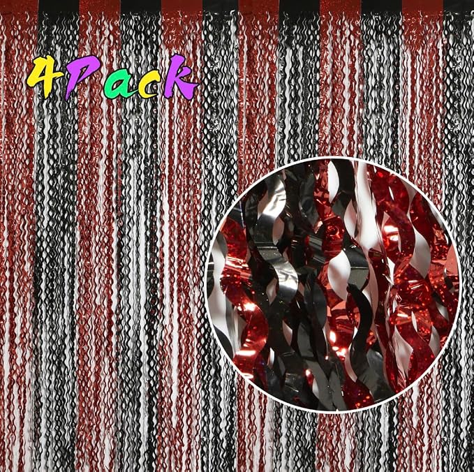 4 Pack Sparkle Red and Black Fringe Curtain - 3.3x6.6 Feet Tinsel Streamer for Birthday Decorations | Halloween Decorations | Casino Theme Party Decorations | Red Carpet