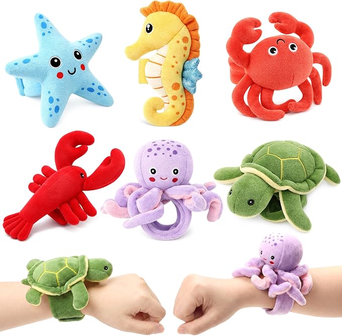Gemscream 6 Pcs Stuffed Animal Slap Bracelets for Kids, 8 Inch Back to School Small Classroom Prizes Toy, Wrist Snap Bracelets Birthday Gifts for Boys Girls Pet Adoption Party Favors(Ocean Theme)