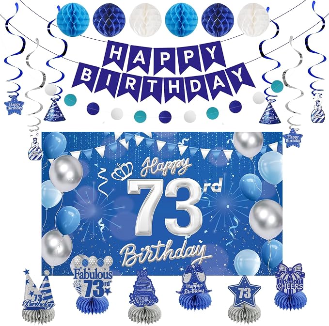 Happy Birthday Party Decoration Set: Including Birthday Banner Backdrop, Party Table Centerpieces and Hanging Swirl Party Streamers, Birthday Decor Suppliers for Men and Women (Blue, 73rd Birthday)