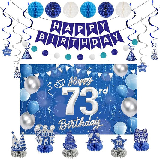 Happy Birthday Party Decoration Set: Including Birthday Banner Backdrop, Party Table Centerpieces and Hanging Swirl Party Streamers, Birthday Decor Suppliers for Men and Women (Blue, 73rd Birthday)