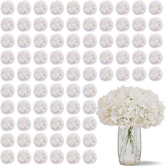 100 PCS Ivory Hydrangea Artificial Flowers, Faux Hydrangea Flowers Silk Full Flowers Heads with Stems for Wedding Centerpieces, Home, Garden, Baby Shower, Party Decoration