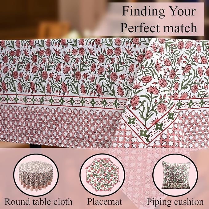 CPC Tablecloth 100% Cotton 60x90 Inch Indian Block Print Rectangle Table Cover, Washable Table Cloth for Weddings, Spring/Summer, Barbeque -Red Garnet
