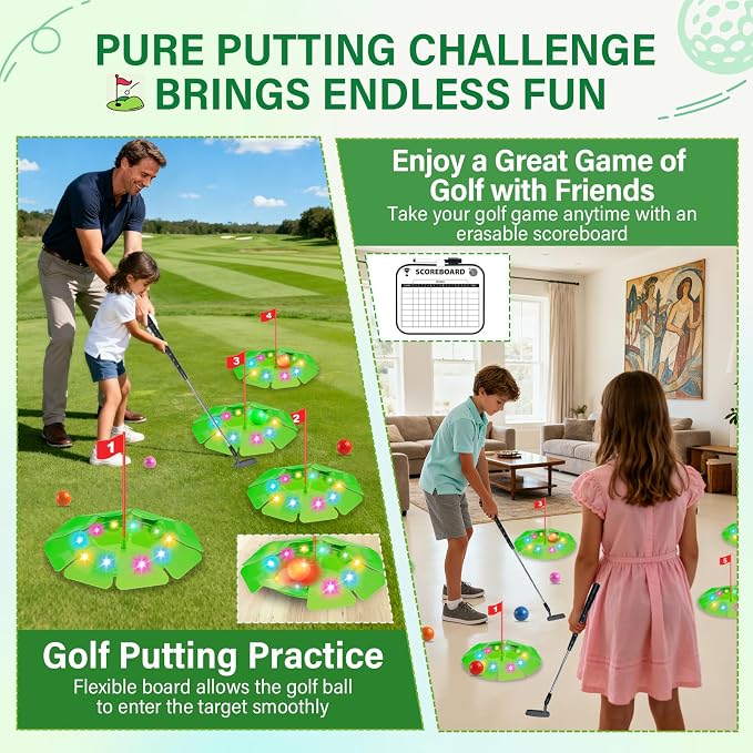 TERRAMUS Light Up Golf Play Set - Upgraded Kids Toy Golf Putting Game Set with 6 LED Targets, 2 Clubs, 6 Balls (2 Glow), Night Golf Toys Gifts for Kids Golfers Family Indoor Outdoor Beach Lawn Park