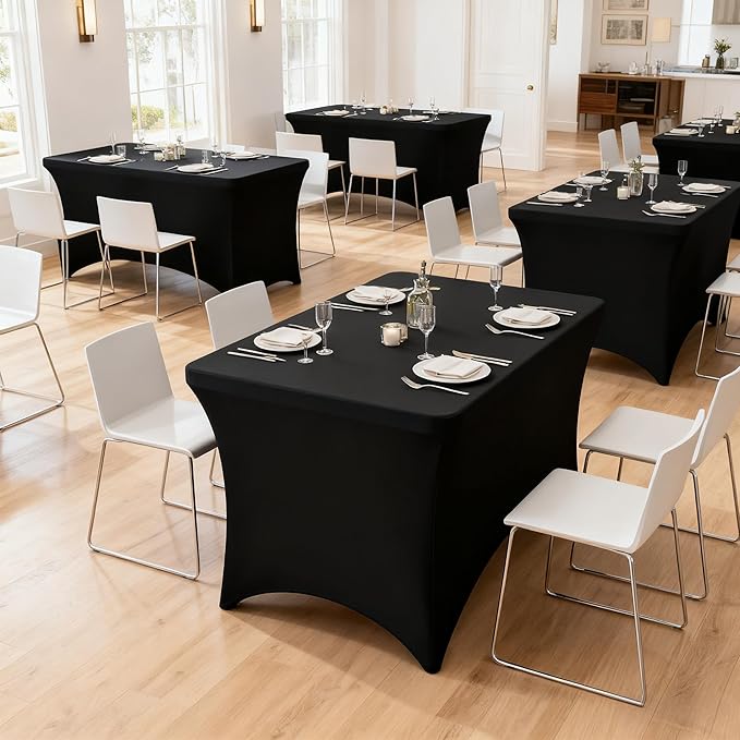 4FT Black Table Cloth - 8 Pack, Fitted Stretch Rectangle Spandex Tablecloth, Washable Table Cover for Party, Dining, Wedding, Banquet and Festival(Black, 30" x 48")