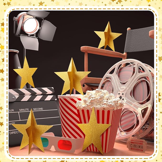 Sinload 18 Pcs Large 3D Glitter Star Decorations Back to School Work Gold Star Centerpiece Standing Hanging Decor for School Centerpiece Starry Movie Night Themed Party Decor