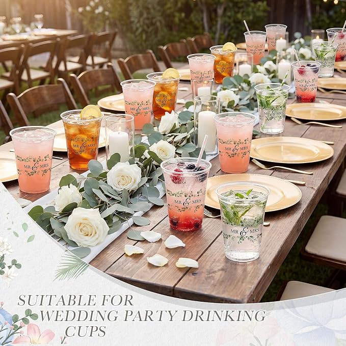 Jingmore 200 Pcs Wedding Plastic Cup 12 oz Wedding Disposable Cups for Reception Thick Clear Cup Happily Ever After Mr and Mrs Just Married Cups for Bridal Shower Decorations (Green Floral)
