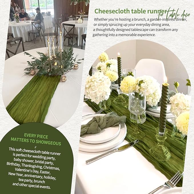 30 Pack Cheesecloth Table Runner 10FT Olive Green Table Runner Boho Gauze Cheese Cloth Table Runners Long Rustic Sheer Table Decorations for Wedding Party Baby Bridal Shower Birthday Holiday Home