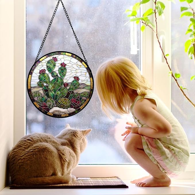 DASTOLL Stained Glass Window Hanging,Green Cactus Purple Flowers Suncatcher Diamond Glass Panel Sun Catchers Decor for Birthday for Women, Men, Wife, Aunt, and Mom 7.8 in
