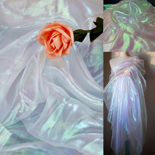 3.3 Yard Long White Iridescent Organza Fabric with Holographic Effect, 59-Inch Wide, for Halloween, Wedding Decoration, DIY, and Personalized Clothing Customization, Ideal for Fashion Designers,