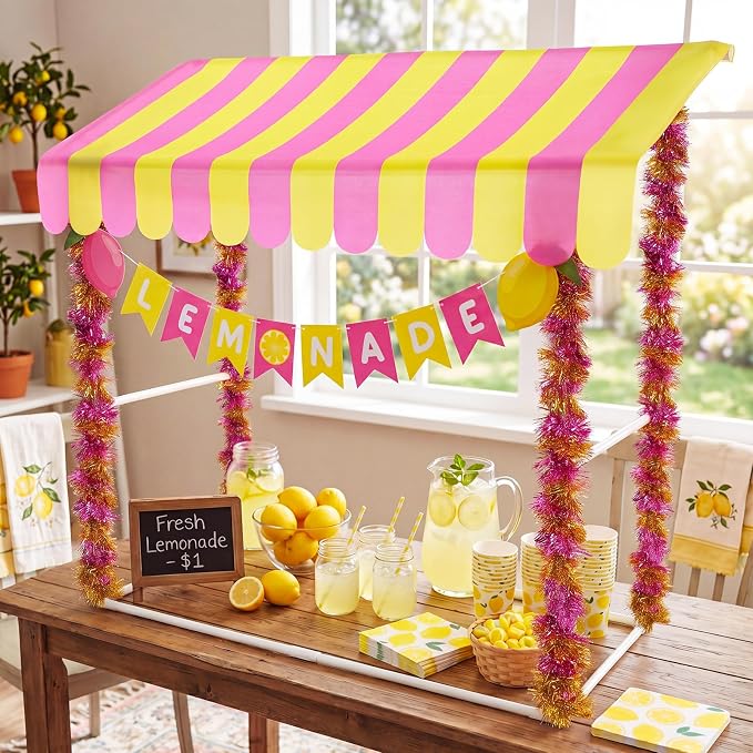 7 Pcs Lemonade Stand Supplies Lemonade Bar Party Decoration with 1 Set Plastic Stand 1 Yellow and Pink Striped Sunshade Cloth 4 Yellow and Pink Tinsel 1 Banner for Outdoors Summer Party Supplies