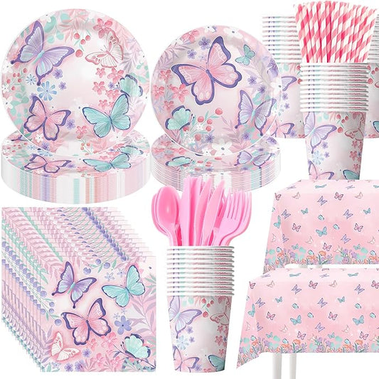 Funnymoom 452 Pcs Butterfly Birthday Party Supplies, Butterfly Floral Disposable Paper Plates Napkins Cups Tablecloth and Cutlery Straws for Ladies Spring Butterfly Birthday Decorations, Serves 50
