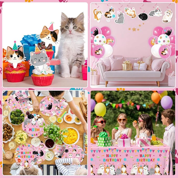 204Pcs Cat Birthday Decorations - Cat Birthday Party Supplies Include Plates,Napkins,Banner,Tablecloth,Hanging Swirls,Cake Toppers Pink Themed Decoration for Boys Girls Party Serves 24