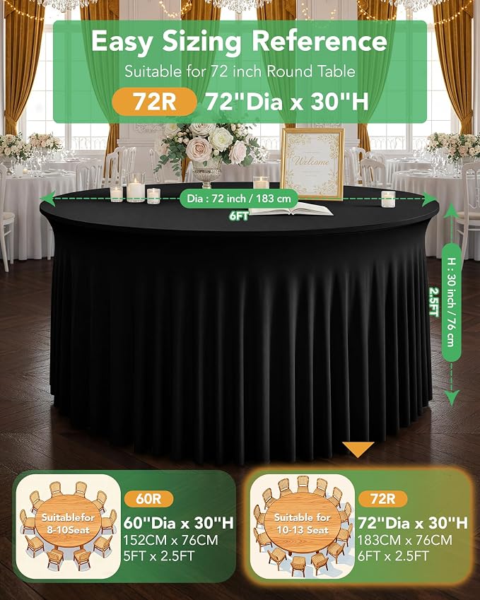 4 Pack Spandex Table Cover Skirts for 72 inch Round Tables, Black Stretch Table Cloths with Floor-Length Ruffle, Elastic Fitted Skirted Tablecloth for Elegant Wedding Banquet Party Buffet Decoration