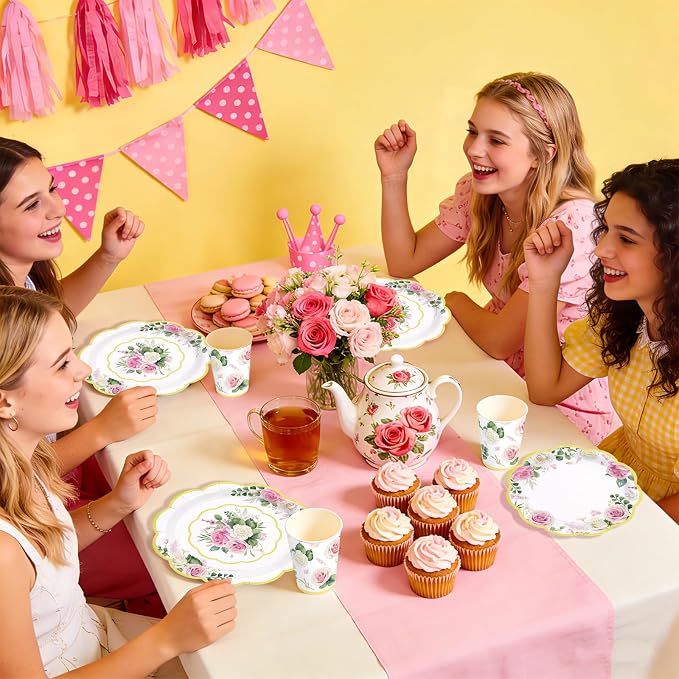 250Pcs Floral Tea Party Supplies Pink Floral Scalloped Plates Napkins Cups Pink Flower Garden Tableware Set for Spring Wedding Bridal Shower Baby Shower Garden Tea Party Decorations Serves 50
