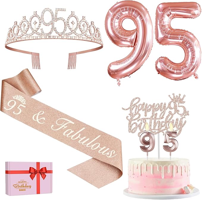 95th Birthday Party Decorations for Women, Including 95th Birthday Sash and Crown, Cake Topper and Candles, Number Balloons, 95 Year Old Decorations Gifts Idea