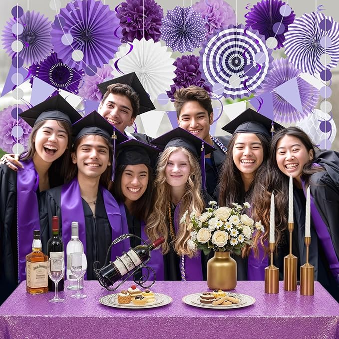 24 Pcs Purple Birthday Decorations Kit, Reusable Hanging Paper Fans Triangle Banner Tissue Pom Poms for Lavender Party Event and Wedding Graduation Bridal Shower Retirement
