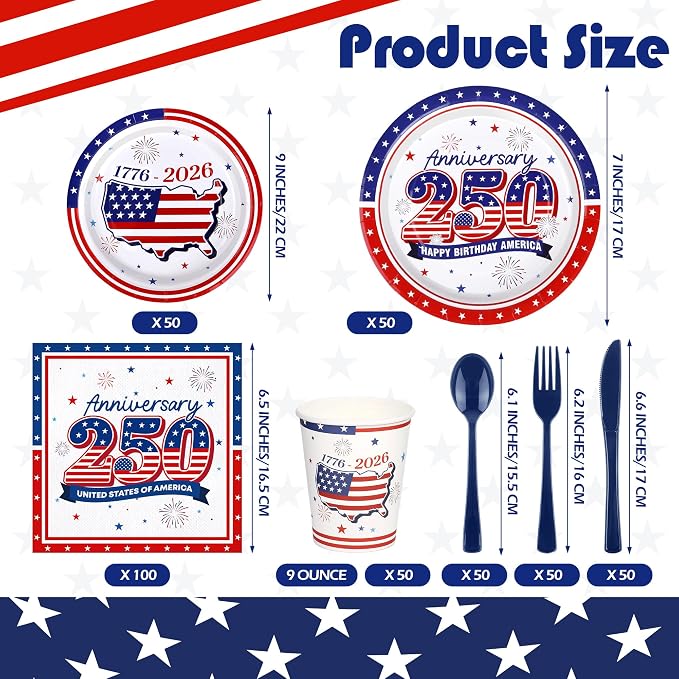 Kochorie 400 Pieces USA 250th Anniversary Party Supplies, Disposable Patriotic Tableware Sets with America 250th Anniversary Paper Plates Cups Napkins Cutlery Serves 50 for 4th of July Party Supplies