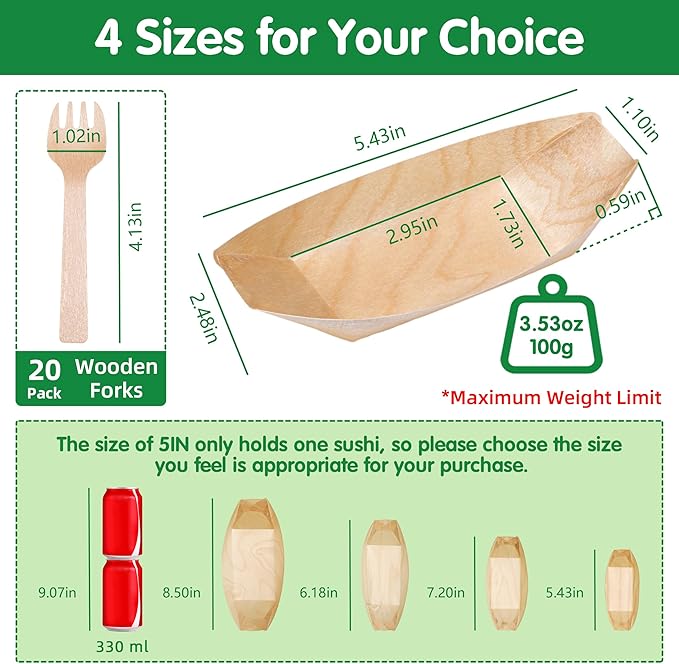 100-Pack Wooden Disposable Plates 5 IN Boat Plates Food Trays Disposable Dessert Plates Disposable Food Boats for Party Weddings Picnic (Actual Size Used: 2.95" D x 1.73" W x 0.59" H)