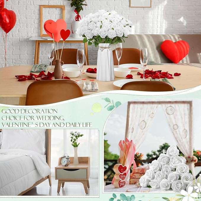 Hotop 20 Pcs Artificial Rose Flowers with Long Stem, Real Lifelike Silk Realistic Plastic Bouquet Roses Bulk for Home Decor Bridal Wedding Party Table Centerpieces Decorations(Pure White)