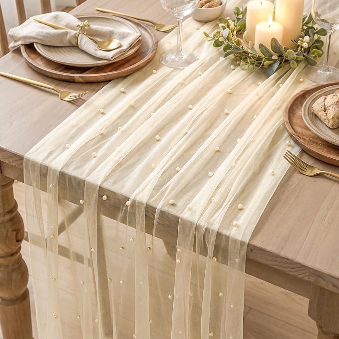 Artoid Mode 6PCS Pearl Champine Gauze Table Runner 120 Inch 10FT, Seasonal Sheer Dining Holiday Wedding Birthday Baby Shower Table Decor for Home Party