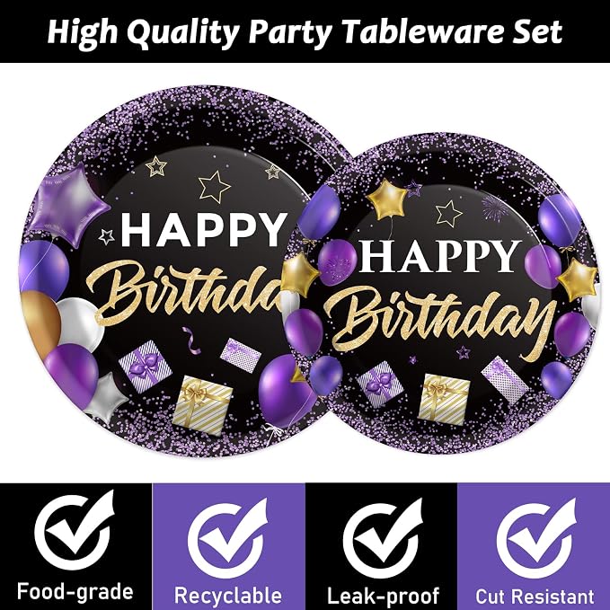 gisgfim 50 Guests Purple Birthday Party Supplies Purple and Black Plates and Napkins Forks Happy Birthday Tableware Paper Plates for Women Girl Party 200PCS