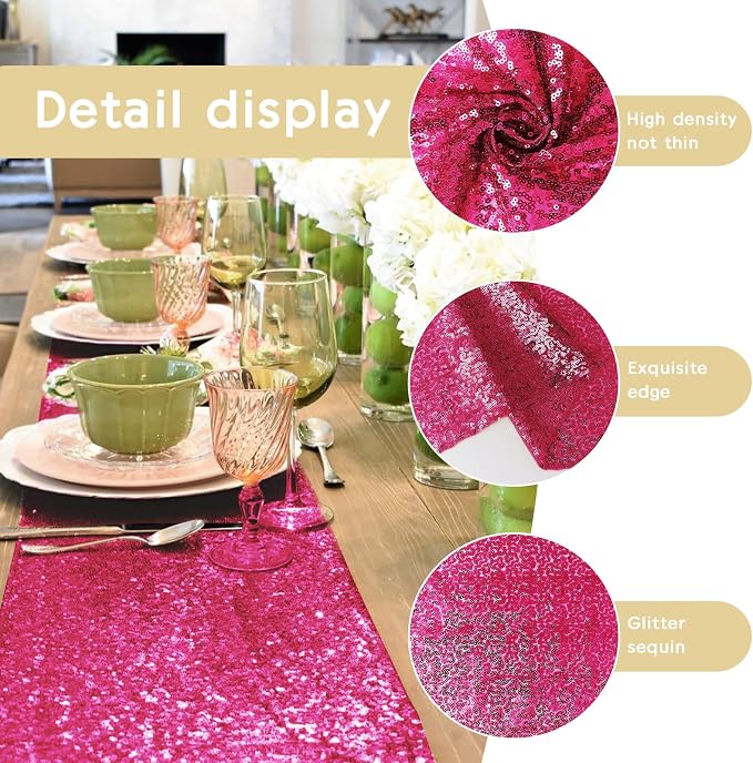 6 Packs 12 x 72 inches Sequin Table Runner, Hot Pink Glitter Table Runner for Birthday Party Supplies Wedding Engagement Baby Shower Holiday Celebration Event Decorations
