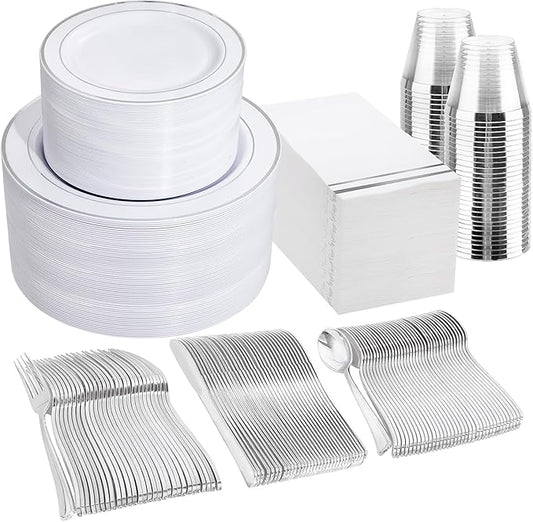 GATHER 700PCS Silver Plastic Plates - Silver Disposable Dinnerware Sets 100 Guest Include 200 Plates, 300 Silverware, 100 Napkins, 100 Cups For Wedding & Party