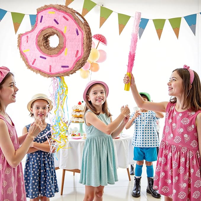WERNNSAI Donut Piñata - Pink Donut Piñata with String Birthday Party Decorations Piñata with Stick Blindfold for Girls Kids Dount Pull String Piñata Family Games Birthday Party Supplies