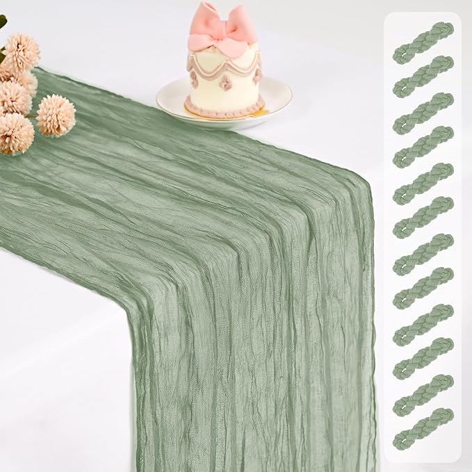 12 Pack Sage Green Table Runner, Cheesecloth Table Runner Long Romantic Semi Sheer Rustic Boho Gauze Table Runners for Wedding Bridal Shower Birthday Party Decorations(17.7×108 Inch)