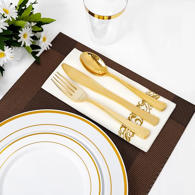 Supernal 400pcs Gold Plastic Plates for 50 Guests Heavy Duty Disposable Party Plates, 200 Gold Plastic Silverware, Linen Napkins, Clear Cups For Valentine's Day Mother's Day and Easter