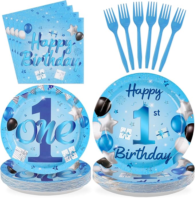 96Pcs Blue 1st Birthday Party Decorations Mr Onederful Plates and Napkins Baby Boy Happy Birthday Tableware Set Supplies for One Year Old Baby Shower Holiday Party Favors Serves 24