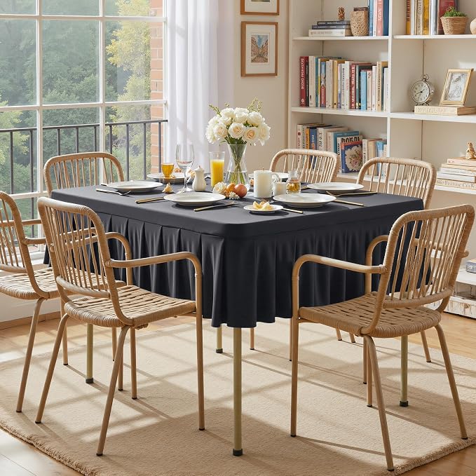 Shillance 34x34 Inch Black Spandex Square Tablecloth 4 Pack,Wrinkle Free Black Fitted Table Cloth for Square Tables,Washable Pleated Table Cover for Wedding Birthday Cocktail Party Buffet Dinner