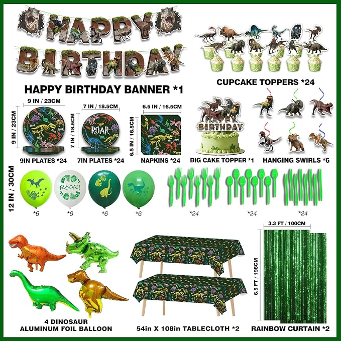 266Pcs Dinosaur Party Birthday Decorations Kit for Boys- Included Foil Fringe, Banner, Tablecloth, Hanging Swirls, Cupcake Toppers, Tableware, Paper Towel, Latex and Aluminum Foil Balloon (Dinosaur-2)