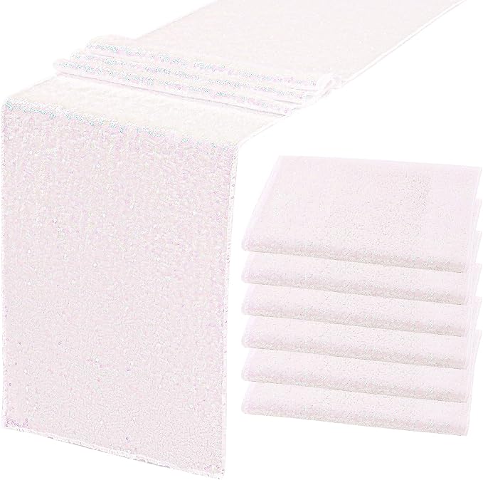 6 Pack Sequin Table Runner Sequin Table Cloths 12" x 72" Sparkle Table Runner for Baby Bridal Shower Wedding Birthday Party Table Decor (Iridescent White)