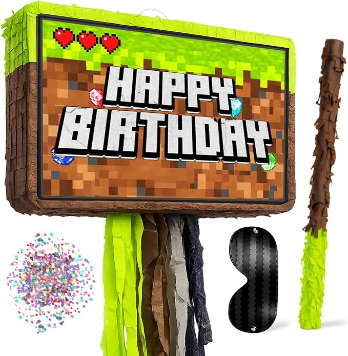 Jergrim Mining Pixel Pinata 4 Piece Set, Perfect For Happy Birthday Decorations, 16"x11" Piñata Level Up, Gaming & Video Game Celebrations For Boys, Fits Party Favors & Candy