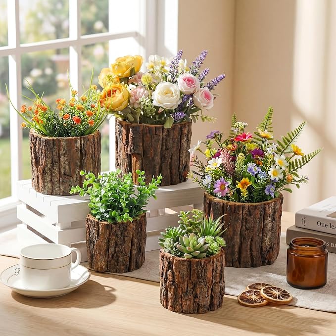 6 Pcs Wooden Vase for Centerpieces Wedding Flower Table Centerpieces Woodland Party Decor Rustic Farmhouse Bark Stump Buckets Vintage Planter Pots for Garden Baby Shower Window Home (L+m+s)