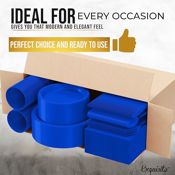 350 Pcs Dark Blue Plastic Plates For Party, Dark Blue Disposable Plates Set, 50 Of Each 9" Dinner Plate Set, 7" Dessert Plate, Cups, Napkins & Cutlery Plastic Dinnerware Set Exquisite