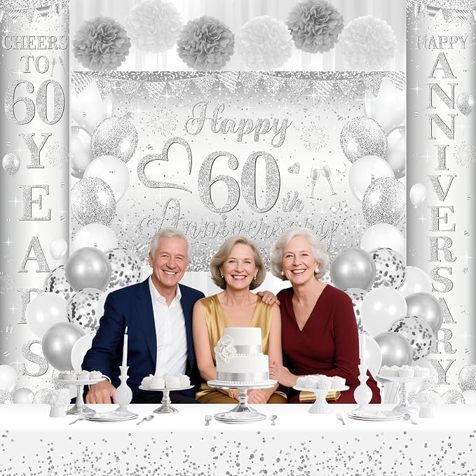 Silver Happy 60th Anniversary Decorations for Men Women, Silver 60th Wedding Anniversary Party Decorations Banner, Porch Banner, Tablecloth and Balloons Kit Party Supplies