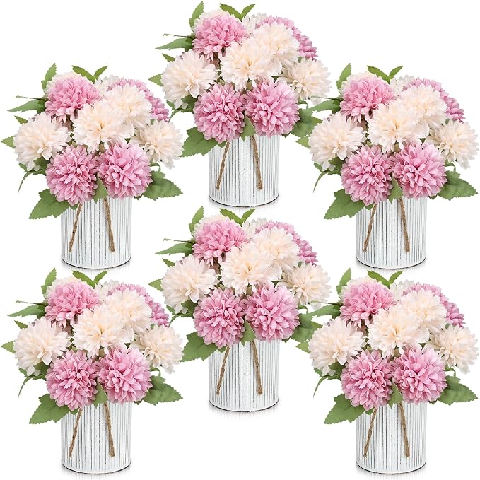 Pre-Made Flower Table Centerpieces, Set of 6 Artificial Silk Chrysanthemum with Farmhouse Metal Vases for Wedding, Birthday Parties, Home, Dining Table Decorations - Dusty Pink & Champagne