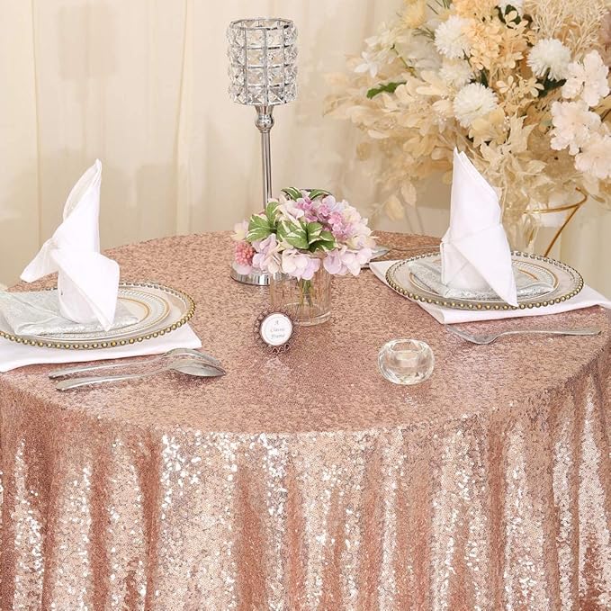 Juya Delight Rose Gold Sequin Tablecloth Round 50-Inch for Wedding Birthday Party Festival Dessert Table Decoration