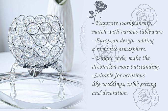 Crystal Tea Light Candlestick Holders Flower Shape with Crystal Pendant Bowl Votive Metal Candle Holder for Table Centerpieces Wedding Home Decor (Silver, 3 arm)